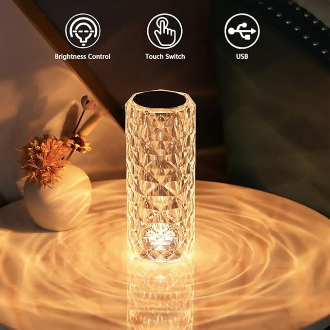 Portable Crystal Table Lamp, 3 Color Touch Control Rechargeable Lamp, Crystal
