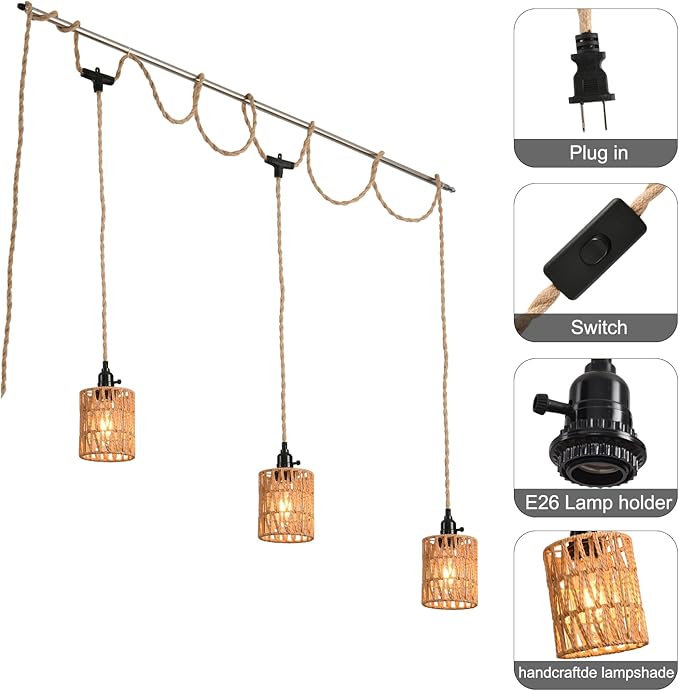 3-Light Hanging Light with Plug in Cord, Plug in Pendant Light 22ft Hemp Rope