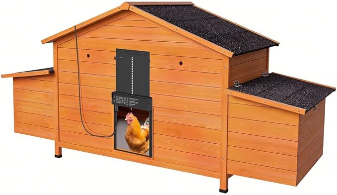 Automatic Chicken Coop with Solar Powered Door, Weather-Resistant Outdoor Chicken House with Timer & Light Sensor, Ventilated Wooden Hen House with 2 Nesting Boxes & Pull-Out Tray for Easy Cleaning