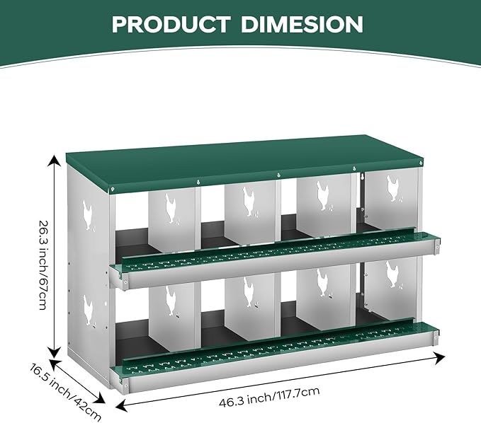 Nesting Boxes for Chickens, 8 Compartments, Nesting Boxes with 4 Dummy Eggs and 10 Dampproof Pets Mats, Green, Stainless Steel, Wall-Mountable & Roll Away Design