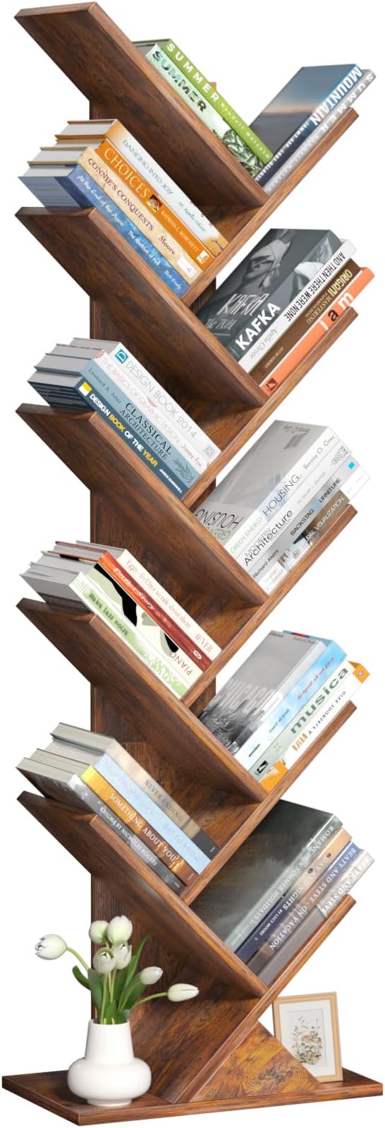 10 Tier Tree Book Shelf, Floor Standing Wood Bookshelf for Narrow Space, Storage Organizer Bookshelves for Books/CDs/Magazine, Bookcase with Shelves for Home Office, Living Room - Brown
