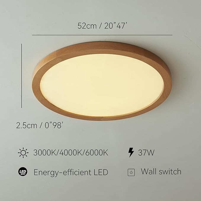 Ultra-Thin LED Ceiling Light Fixture 20.47", Handcrafted Natural Wood Modern