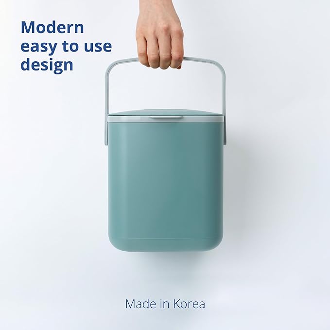 Blue Ginkgo Kitchen Compost Bin [5L / 1.32 GAL] – Filter-Free, Odor-Tight Countertop Food Waste Pail with Handles (Made in Korea, Green)