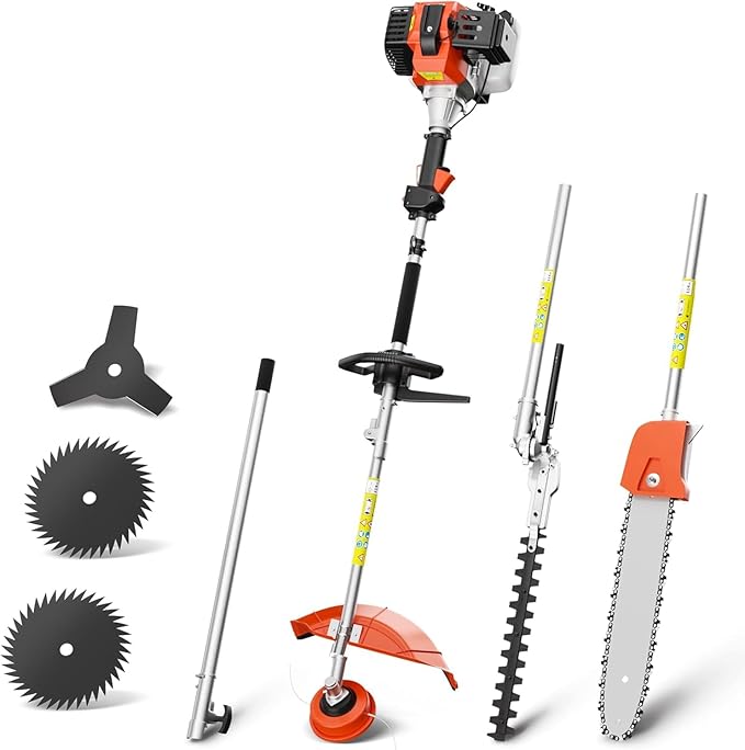 52cc Gas Powered Weed Eater, 6 in 1 Gas Weed Wacker with Hedge Trimmer & Pole Saw - Multi-Attachment Brush Cutter,2-Stroke Gas String Trimmer for Yard Maintenance