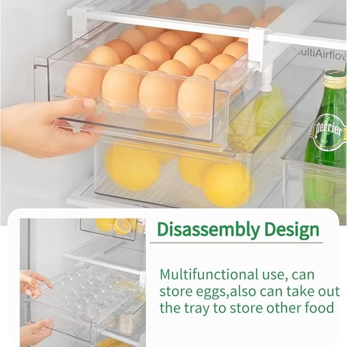 vacane Fridge 28 Egg Drawer Pull Out,Clear Egg Holder Tray for Refrigerator With Handle, Refrigerator Organizer Bins Heavy Duty-L With Egg Tray