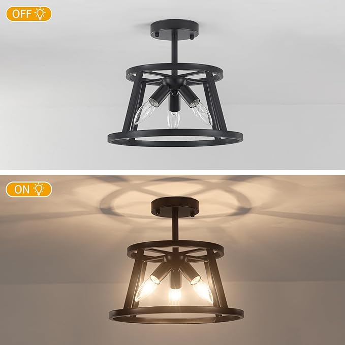 12.59" Black Semi Flush Mount Ceiling Light, 3-Light Modern Close to Ceiling