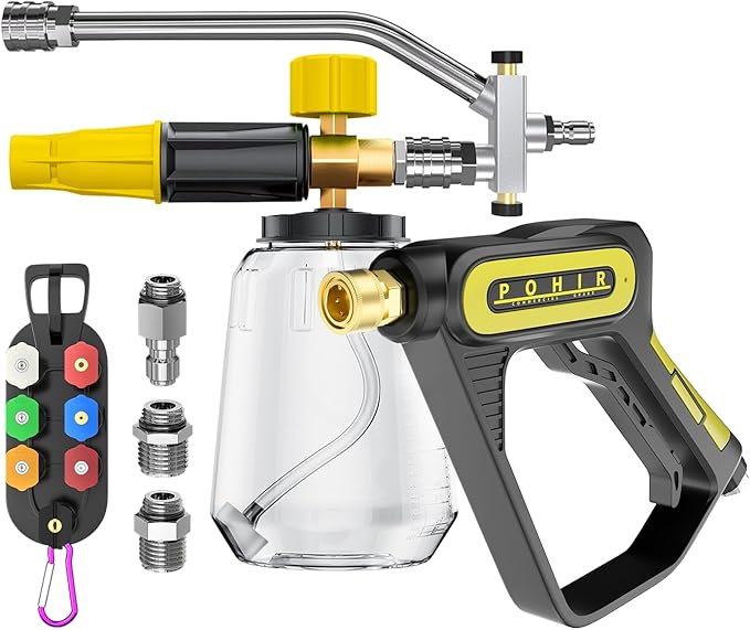 POHIR 5000 PSI Pressure Washer Gun with Cannon, Power Washer Sprayer with Dual Adjustable Foam Lance,1/4" Quick Connector with Nozzle Tips (Gun+Foam Cannon+Dual Connector+Nozzle)