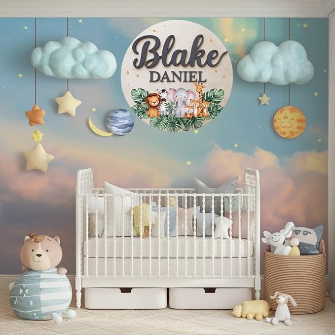 Personalized Name Sign for Nursery, Woodland Animals Sign for Baby Door Decor, Newborn Gifts for Boy, Boys Nursery Wall Bedroom Decorations, Mother's Day Gifts for New Mom Dad Gift