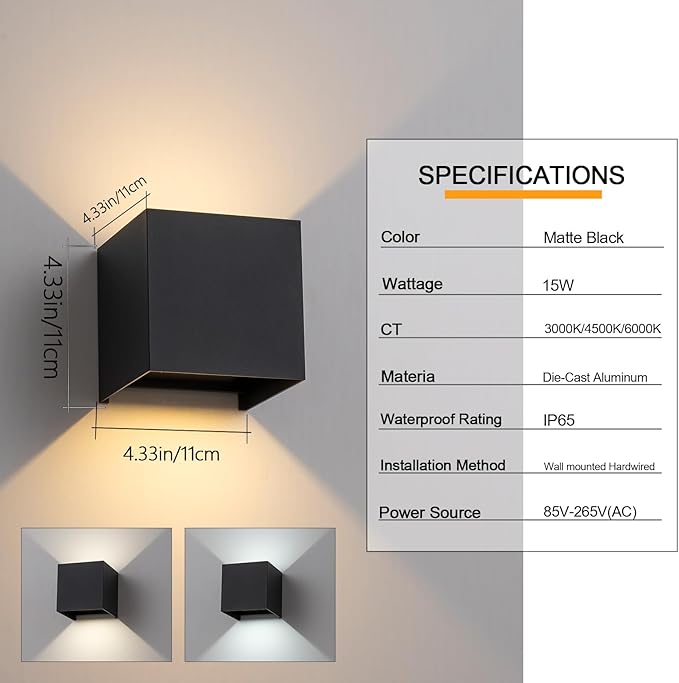 2 Pack LED Outdoor Wall Light Exterior/Interior, Modern Black Square Aluminum