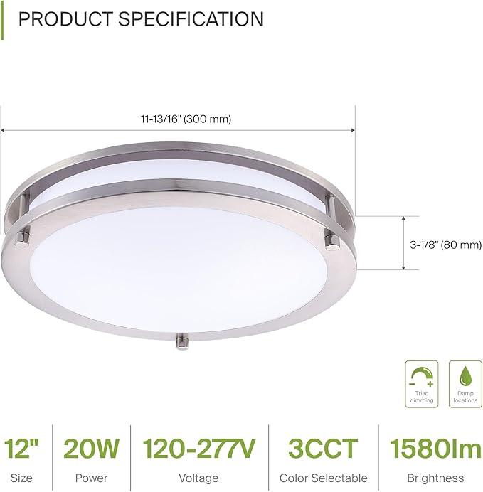 ASD LED 12" Round Flush Mount Lighting, Close to Ceiling Light Fixture | 3CCT