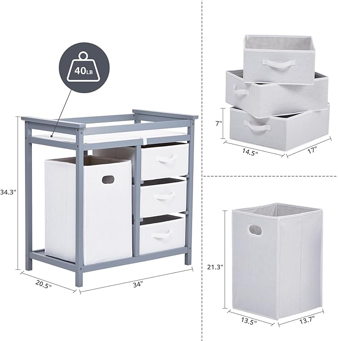 Wooden Baby Changing Table, Modern Diaper Changing Table, Infant Diaper Station Dresser with Laundry Hamper, 3 Drawer Basket- Storage Organizer for Baby Clothes, Diapers & Toys