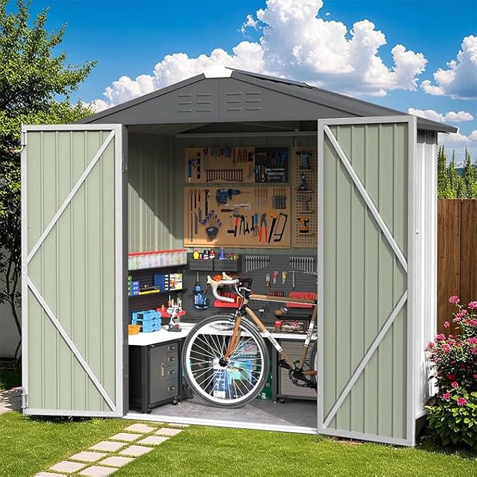 Greesum 6x4FT Outdoor Storage Shed, Metal Storaged Sheds with Lockable Doors, Sheds & Outdoor Storage for Bike, Backyard, Pool and Garden, White