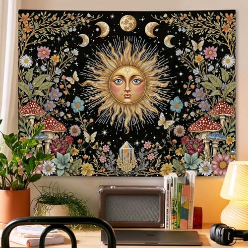 Boho Sun and Moon Tapestry Hippie Mushroom Floral Wall Tapestry for Bedroom Aesthetic Moon Phase Vintage Plant Celestial Small Tapestries Wall Hanging for Living Room Dorm 48 x 36 Inch