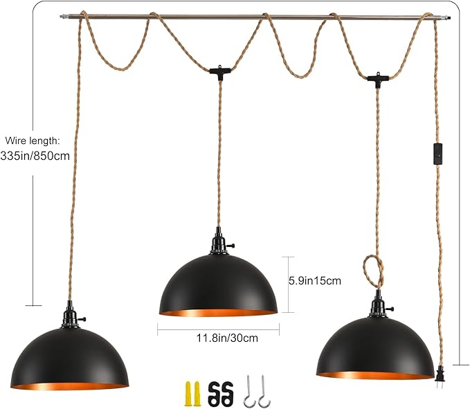 3-Light Hanging Light with Plug in Cord, Plug in Pendant Light 22ft Hemp Rope