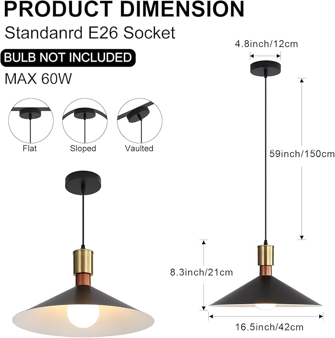 16 Inch Modern Black Pendant Light, Minimalist Cone Pendant Lamps