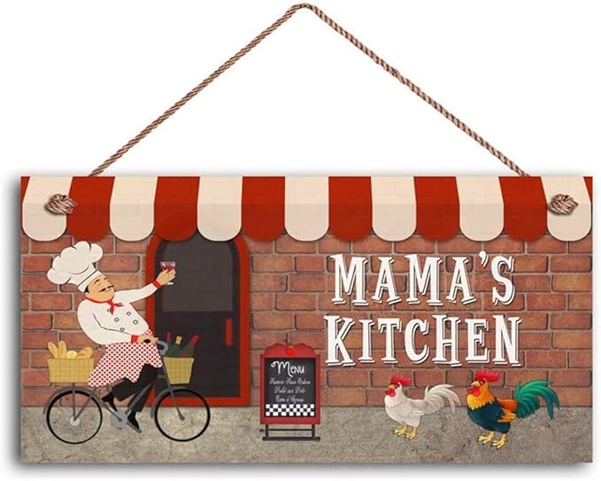 Mama's Kitchen Sign Fat Chef Sign WC Best Chef French Chef Cafe Sign Bistro Style Personalized Gift for Her, Customized Door Hanging Plaque Wood Sign