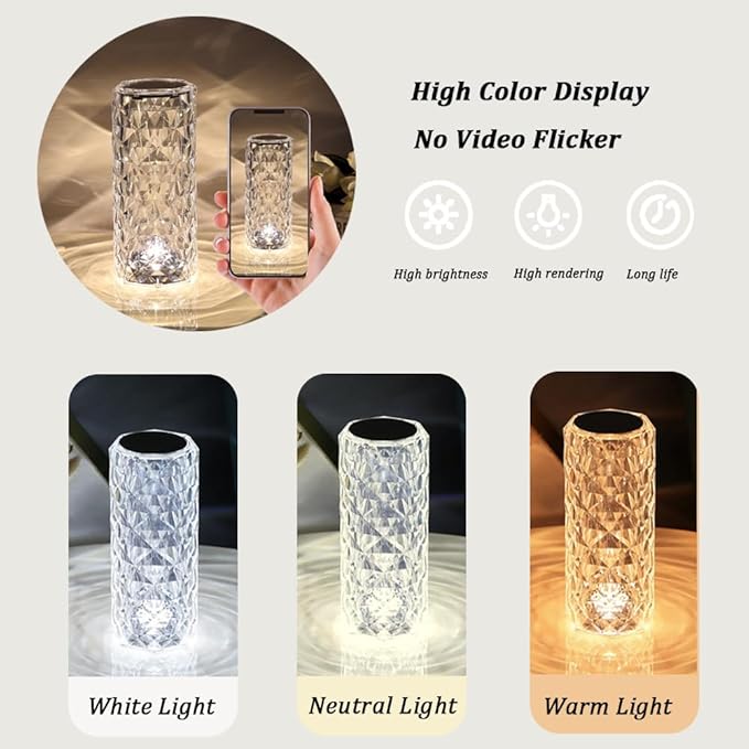 Portable Crystal Table Lamp, 3 Color Touch Control Rechargeable Lamp, Crystal