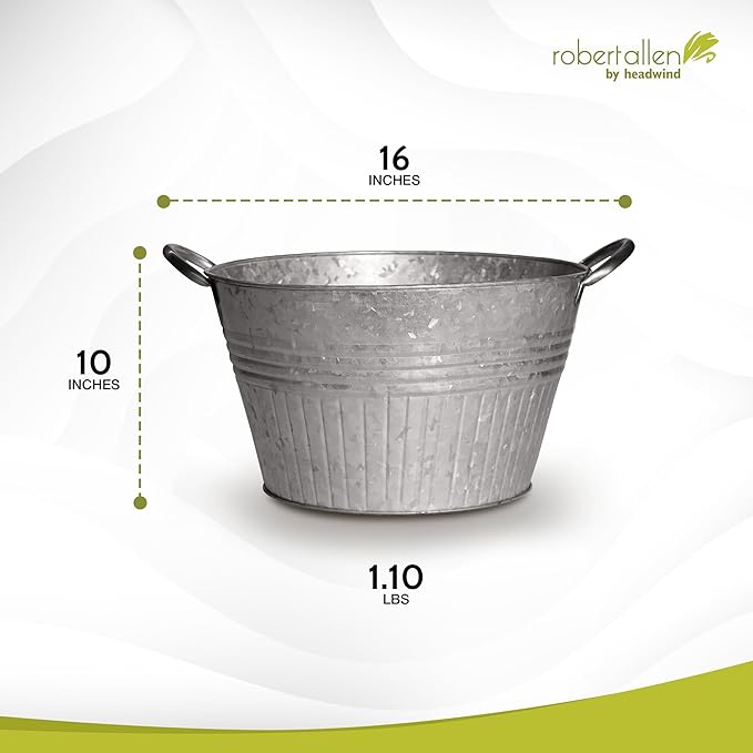 Headwind Decorative Planter - Round Galvanized Tub Planter with Handles – 16 Inch Lightweight Metal Planter with Drainage Hole – Galvanized Steel Tub for Plants - Metal Flower Pot by Robert Allen