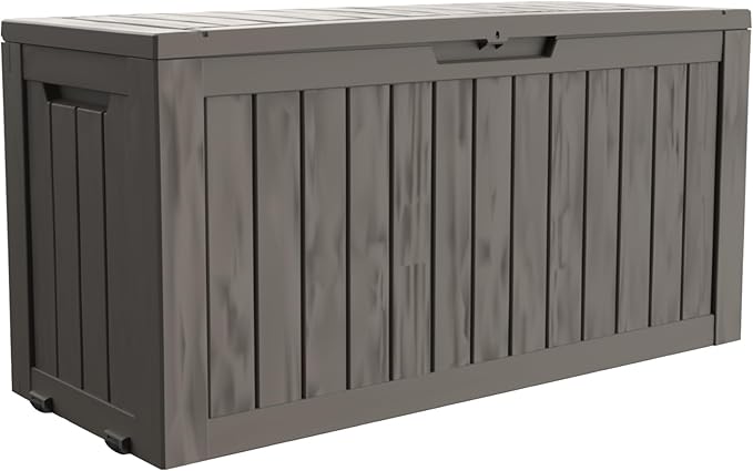 80GAL PLUS Rolling Brown Outdoor Deck Box with Lock Hole - Waterproof, SGS - Certified UV Protection, All - Weather Resin, Mobile Storage for Poolside or Patio Use, Easy Assembly