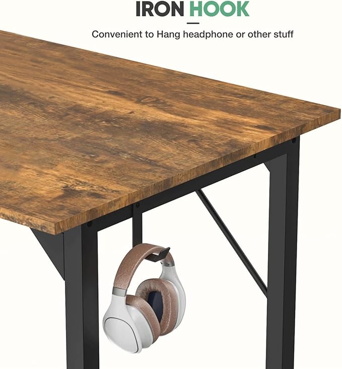 63 Inch Desk Office with Storage, Modern Simple Style Gaming Computer Table for Youth Student Adult, Metal and Wood Home Office Furniture, Rustic Brown