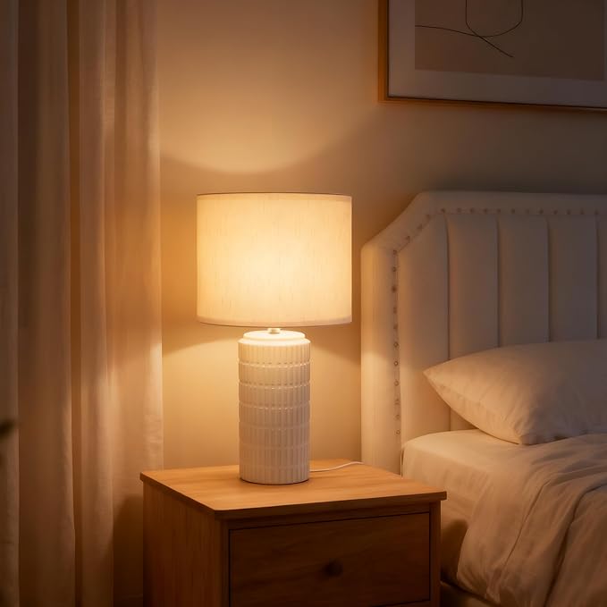 20-inch Modern Ceramic Table Lamp, Farmhouse White Bedside Lamp