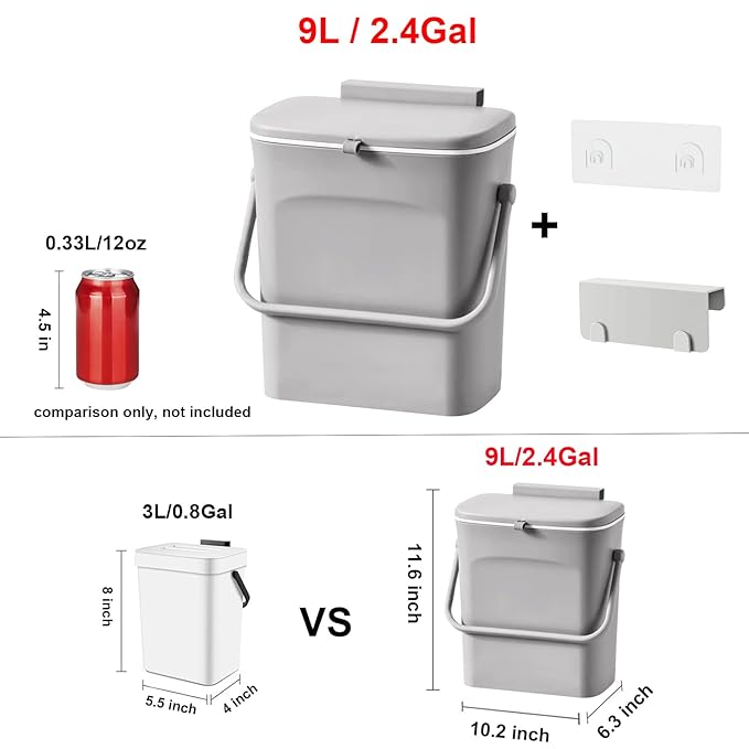 LALASTAR Kitchen Compost Bin for Countertop or Under Sink, Hanging Small Trash Can with Lid for RV/Office/Bedroom/Dorm, Mountable Indoor Compost Bucket, 9L/2.4 Gal, Grey