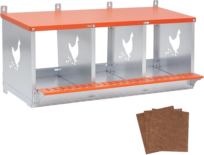 8-Bay Metal Nest Box for Chickens Wall Mount, Galvanized Steel Hen Nesting Box with Vent Holes, Easy to Clean & Assemble, Includes Coconut Fiber Pad, Orange/Silver