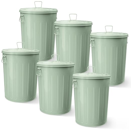 Plexon Large Metal Trash Can with Lid 20 Gallon, Decorative Outdoor Trash Can Heavy Duty Galvanized Metal Bucket with Lid for Garage Workshop Ash Storage Farmhouse, Green 6 Pack