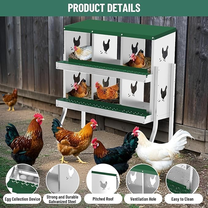 Chicken Nest Box, 6-Compartment Egg-Laying Box, Metal Hen House, Convenient for Collecting Eggs - Ventilated Poultry House Equipment - Suitable for Hens, Ducks Green,with Stand