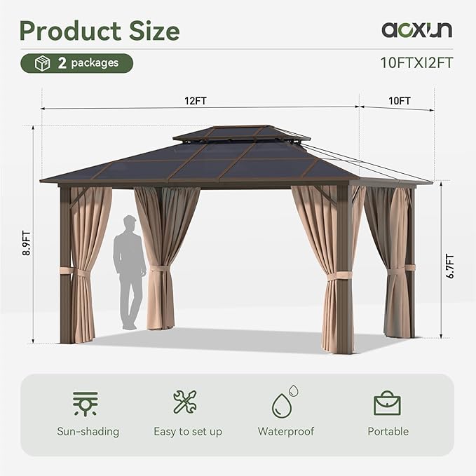 Aoxun 10'x12' Hardtop Gazebo, Aluminum Frame Permanent Pavilion with Curtains and Netting, Outdoor Polycarbonate Gazebo, Double Roof Canopy, for Gardens, Patios, Lawns