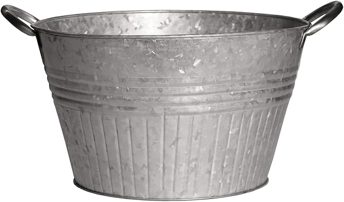 Headwind Decorative Planter - Round Galvanized Tub Planter with Handles – 16 Inch Lightweight Metal Planter with Drainage Hole – Galvanized Steel Tub for Plants - Metal Flower Pot by Robert Allen