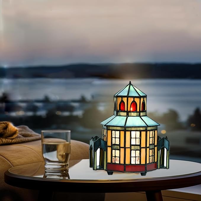 A0005 Tiffany Lighthouse Lamp Stained Glass LED Accent Table Lamp, Christmas