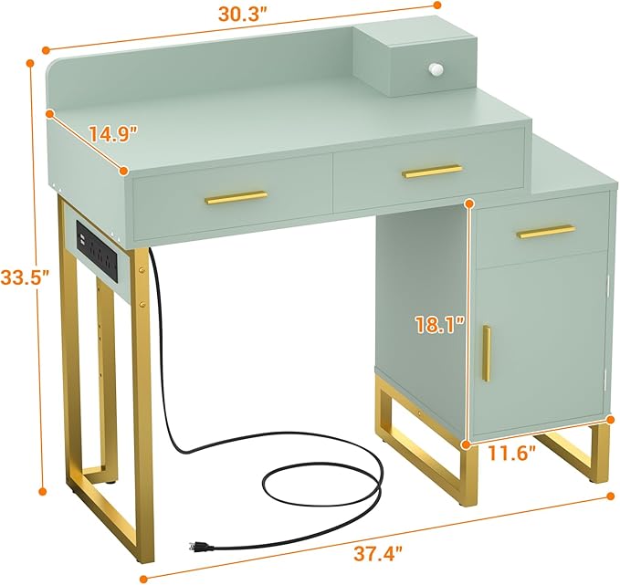 Vanity Desk with 4 Storage Drawers - Modern Makeup Vanity Table with Charging Station, Cyan Vanity Desk with Reversible Cabinet Dressing Table Set with Divided Organizers for Women Girls, Cyan & Gold