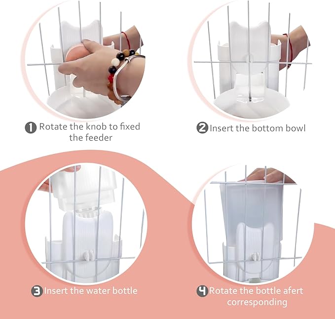 Hanging Cage Automatic Small Pet Food Bowl Water Bottle Dispenser, 1L Auto Gravity Pet Feeder and Waterer Set Kennel Feeding Station Crate Feeder Dish for Rabbit Puppy Cats Ferret (Pink)