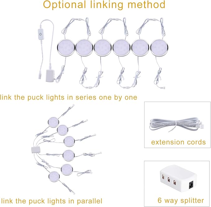LED Under Cabinet Lighting Kit, 6 Pack Linkable Puck Lights
