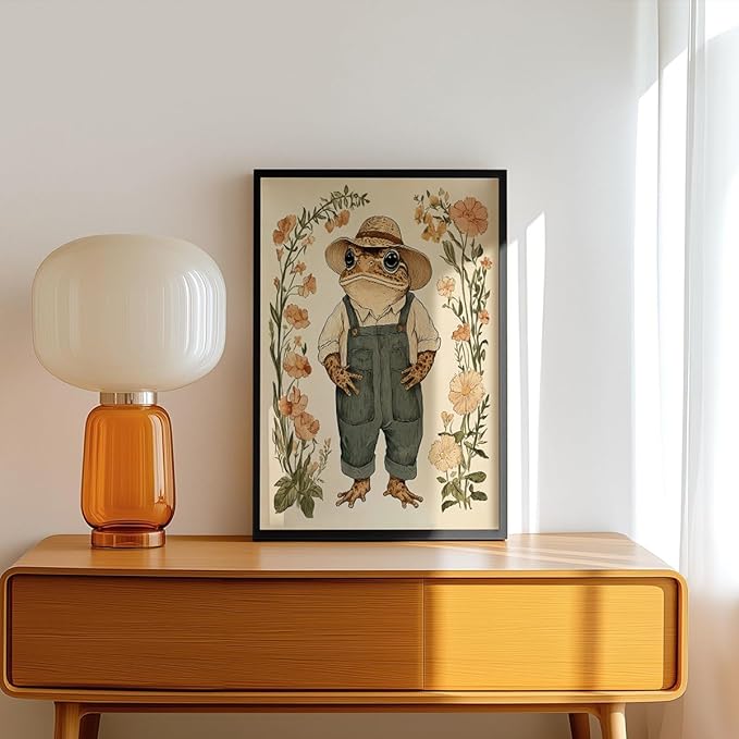 Nursery Animal Canvas Wall Art, Toad In Overalls Poster, Rustic Frog and Wild Flowers Painting, Cozy Folk Art Print, Farmhouse Animal Botanical Floral Painting for Kids Room 16x24in Wrapped Canvas