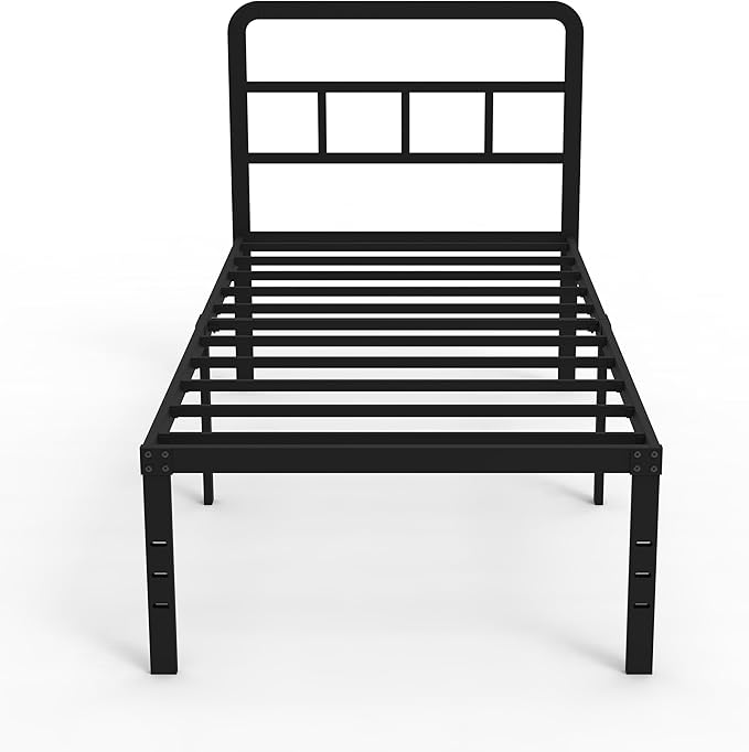 18 Inch Twin XL Bed Frame with Headboard No Box Spring Needed Metal Platform Heavy Duty Steel Slat Mattress Foundation/Easy Assembly/Noise Free/Black