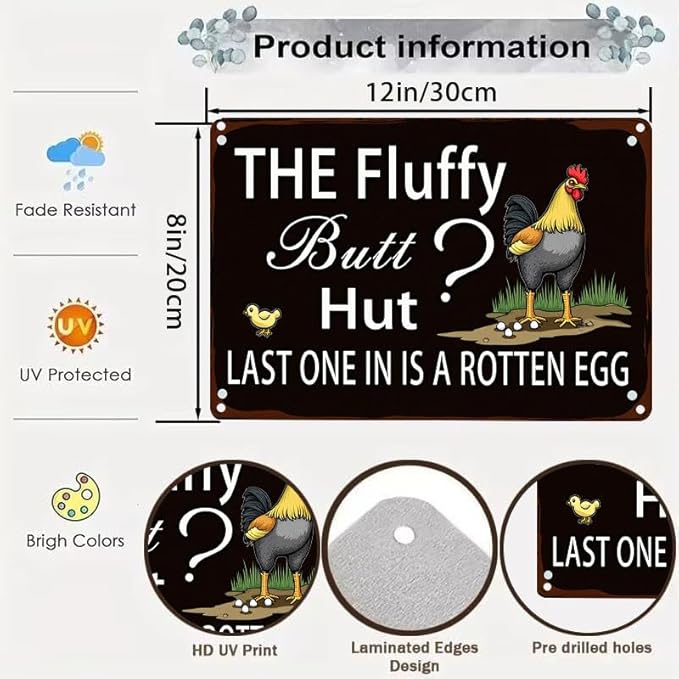 Fluffy Butt Hut Chicken 12x8 Inch Outdoor Decorative Yard Sign with Rooster Hen Chick Design for Farmhouse Patio Lawn Decor