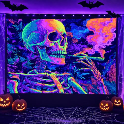 Blacklight Tapestry Smoking Skeleton UV Backdrop 78 x 59 Inch