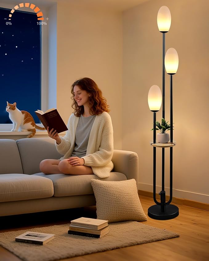 Black Dimmable Floor Lamp with Table, Unique Candle Holder Style Tall Standing