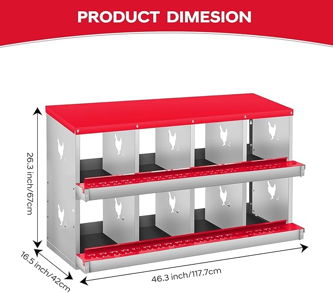 Nesting Boxes for Chickens, 8 Compartments, Nesting Boxes with 4 Dummy Eggs and 10 Dampproof Pets Mats, Red, Stainless Steel, Wall-Mountable & Roll Away Design
