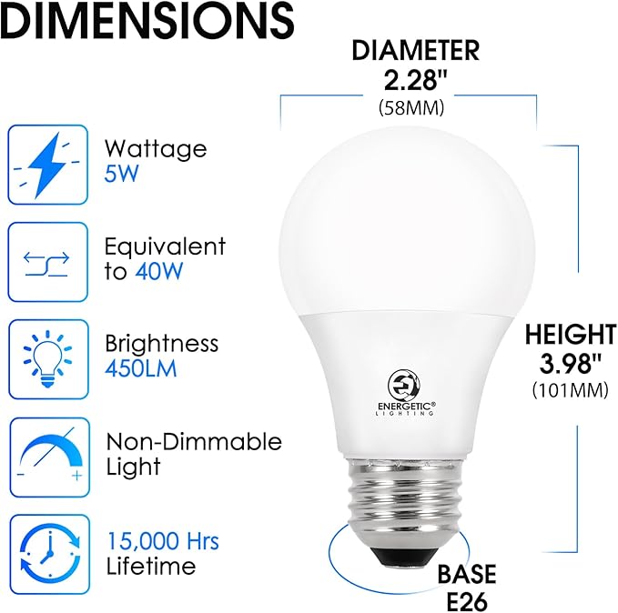 Energetic Lighting 40W Equivalent A19 LED Light Bulb, Soft White 2700K