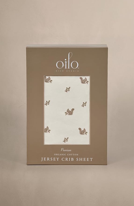 Oilo Crib Sheet, Breathable, Fitted, Organic Cotton Jersey, 300-Thread, Machine Wash, Fits Standard Crib (28" x 52" x 6"), Toddler Bedding, Heirloom Organic Collection, Squirrel