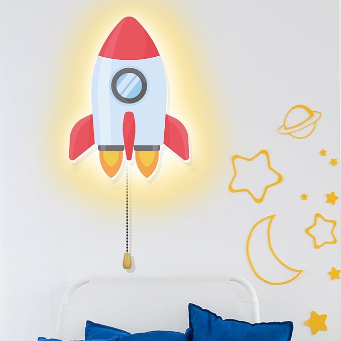 Space Rocket Night Light Wall Lamp Sleeping Nursery Lighting Cute Floating Battery Operated Hanging Lamp for Baby Boys Girls Bedroom Room Nursery Wall Decorations