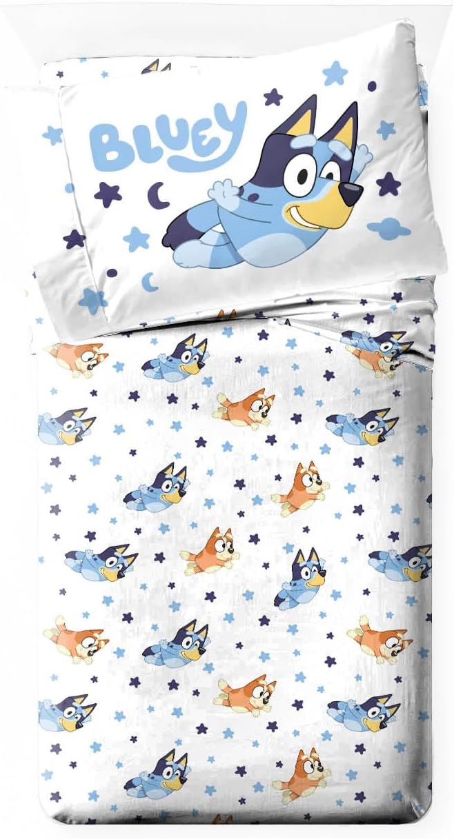 Jay Franco Bluey & Bingo Toddler Comforter Set - 4 Piece Bed Set Includes Sheet Set & Pillow Covers - Super Soft Clouds & Stars Kids Bedding