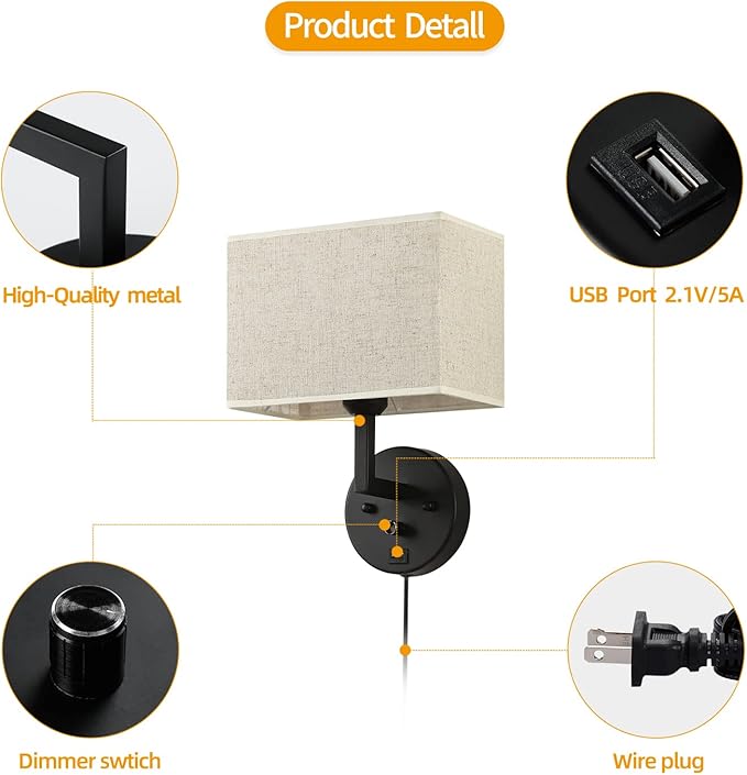 Plug in Wall Sconce with Dimmer Switch and USB Port，9.5“Rectangular Linen