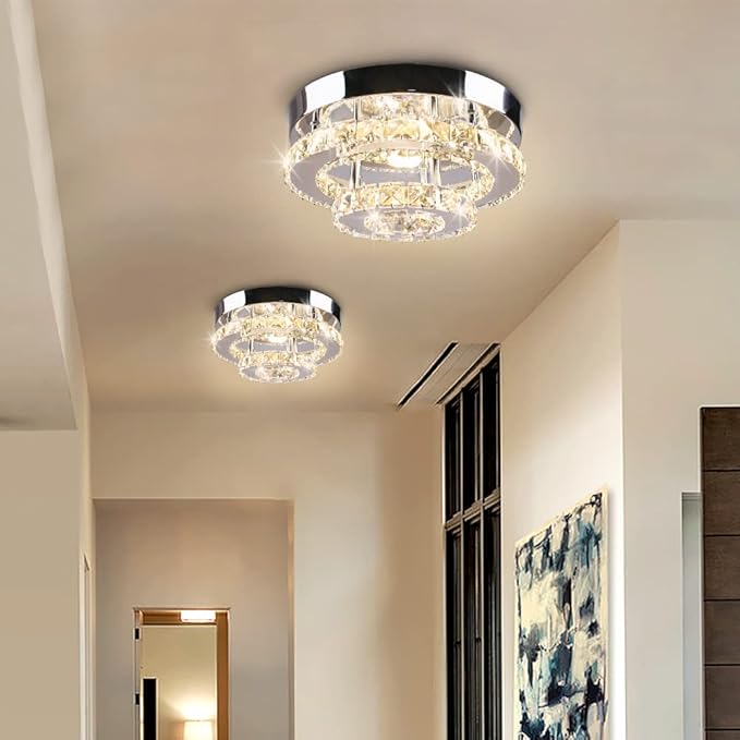 Mini Chandelier LED Crystal Ceiling Light 2 Layers Round Flush Mount Ceiling