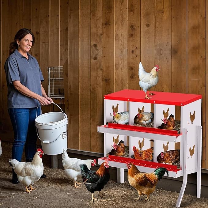 Chicken Nest Box, 6-Compartment Egg-Laying Box, Metal Hen House, Convenient for Collecting Eggs - Ventilated Poultry House Equipment - Suitable for Hens, Ducks Red,with Stand