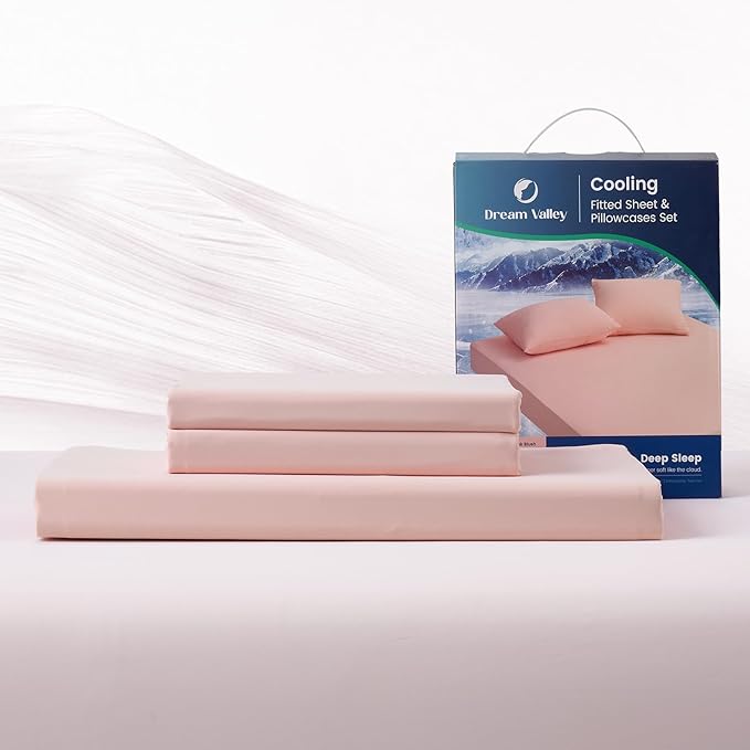 Dream Valley® Queen Sheet Set, Cooling Fitted Sheet with 2 Pillowcase-3 PCS with No Flat Sheet,Q-Max > 0.4 Aerocool, Cooling for Night Sweats, Hot Sleepers,deep Pocket up to 15",Pink Blush