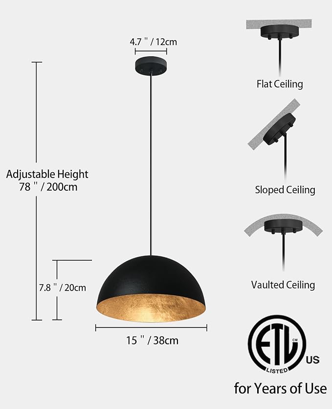 15 Inch Black and Gold Pendant Light, Bold Textured Matte Black Dome